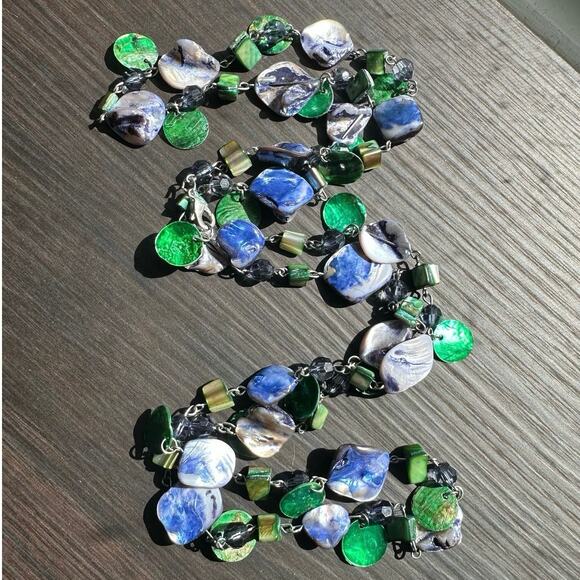 Vintage Abalone Shell Green Purple Glass Beaded Necklace Fashion Jewelry - Picture 3 of 9